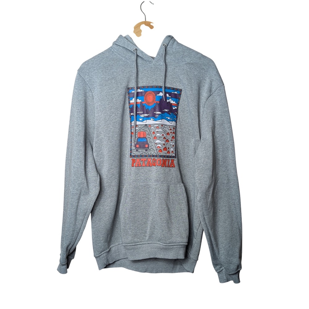 Patagonia Graphic Hoodie Men XL Gray Cotton Pullover Road Trip Print Outdoor